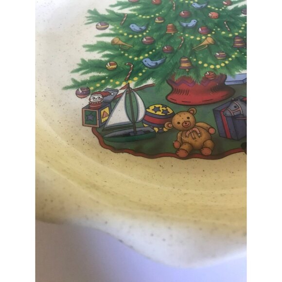 Vtg Christmas Tree With Toys Pie Tart Ceramic Dish Handmade 10" One Of A Kin - Picture 4 of 8